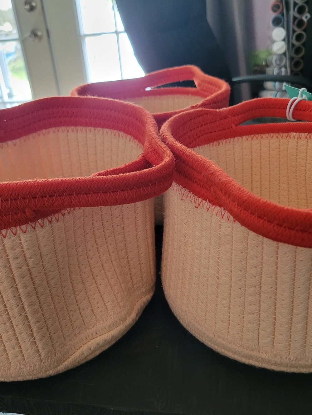 Pillowfort set of 3 Cream rope Baskets with Red Trim